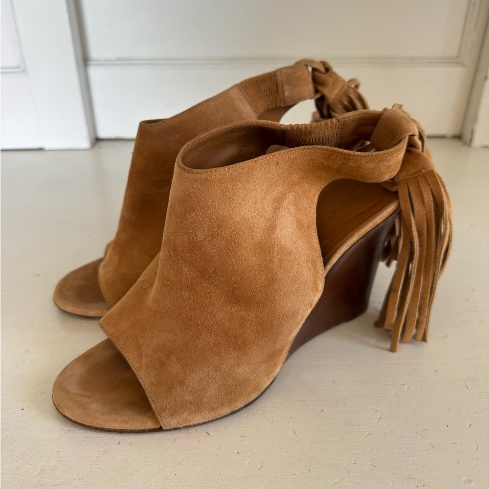 Chloe suede tan fringe tie wedges size 39 (their US 8.5)